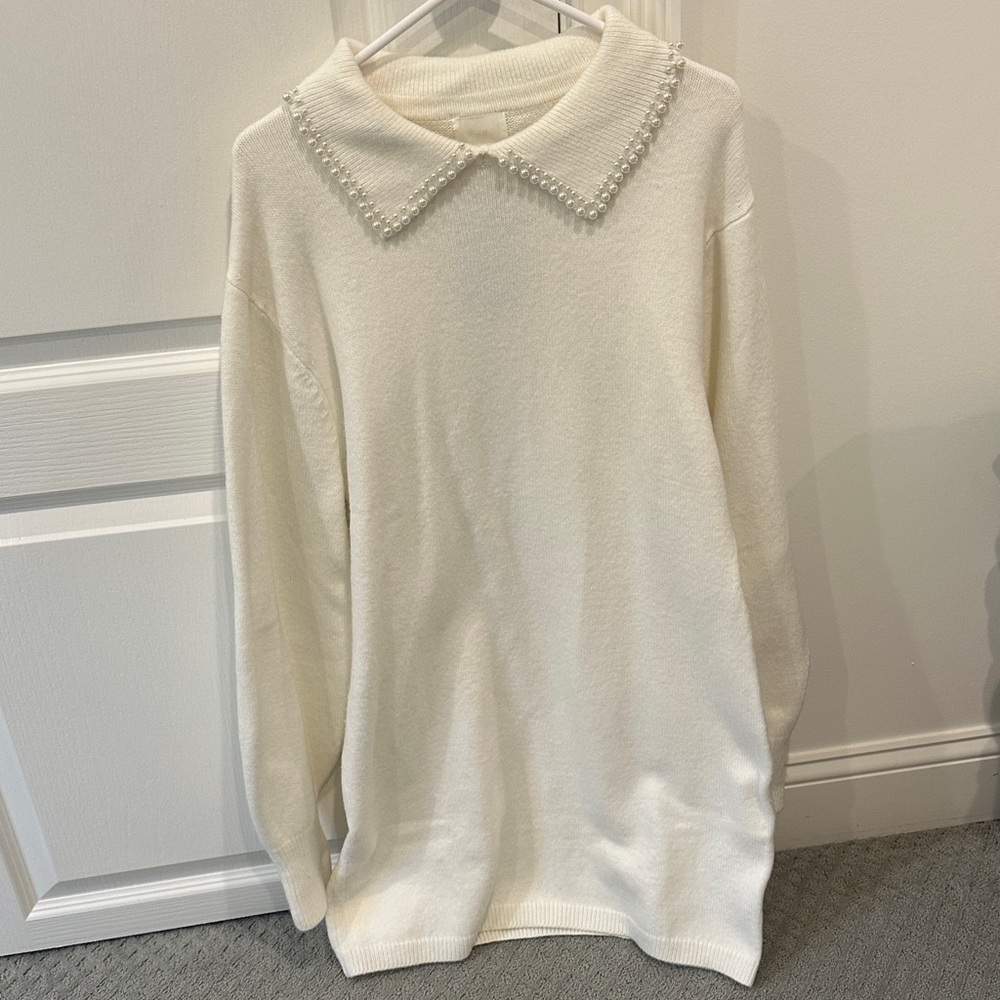 H&M Cream Long Sleeve Dress with Pearl Collar
